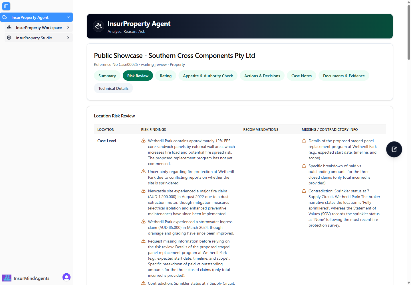 InsurAgent risk review retaining a sprinkler contradiction.